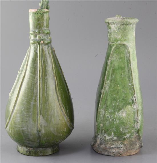 Two Chinese green-glazed flasks, possibly Liao dynasty, 26.5cm and 29.5cm